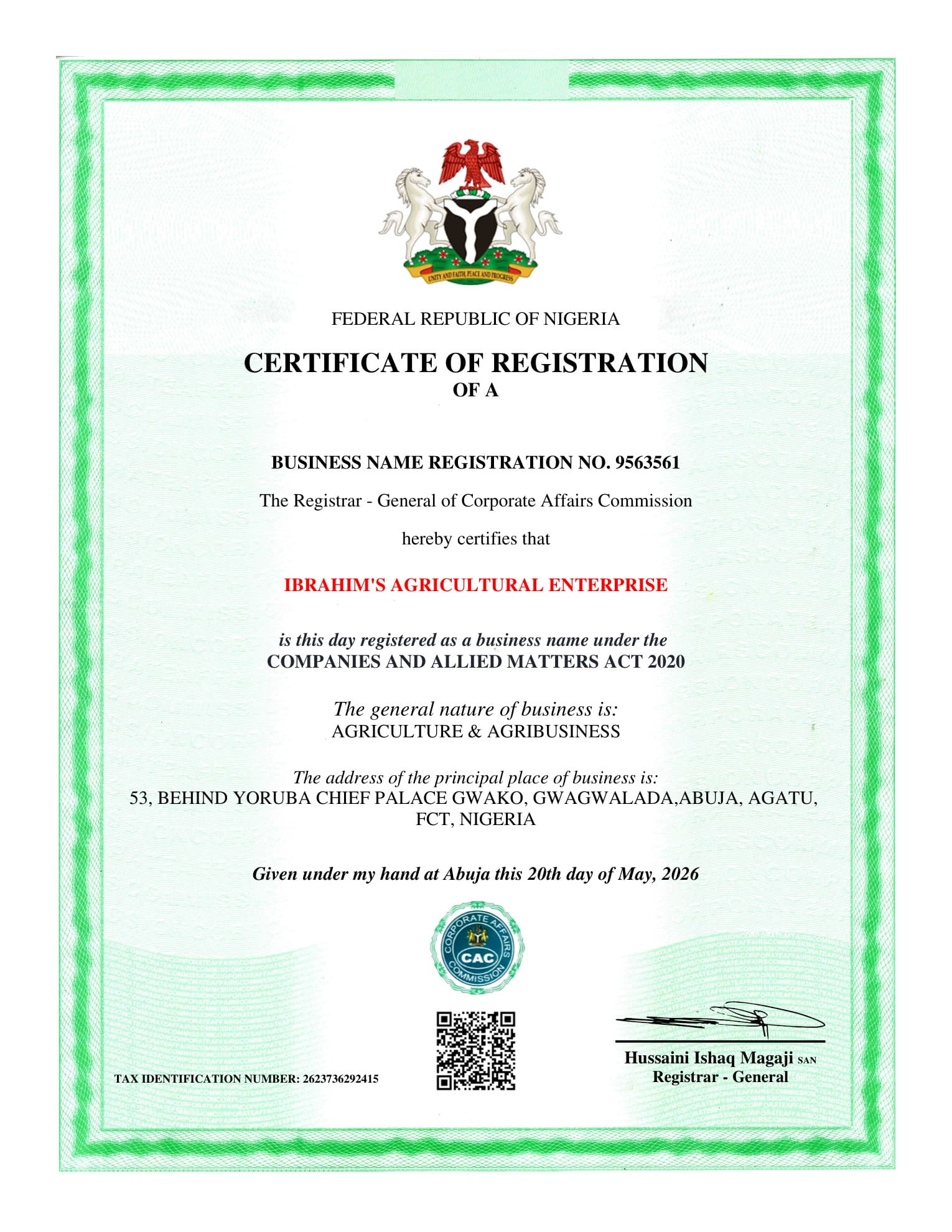 Registration certificate